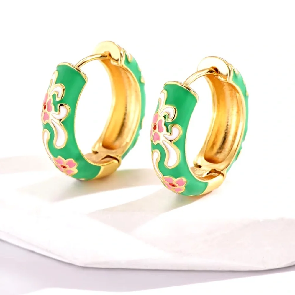 Cute Floral colorful green enamel & gold hoops ππΈππ¦©β¨ - Picture 1 of 4